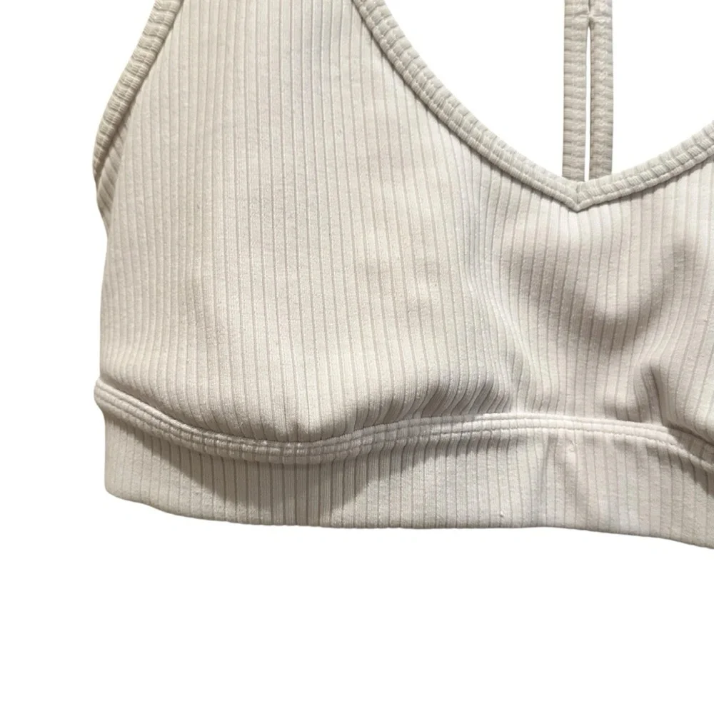 ALO Yoga Ribbed Blissful Bra Size Medium Ivory  V-Neck Y-Back Everyday Support - Picture 3 of 6
